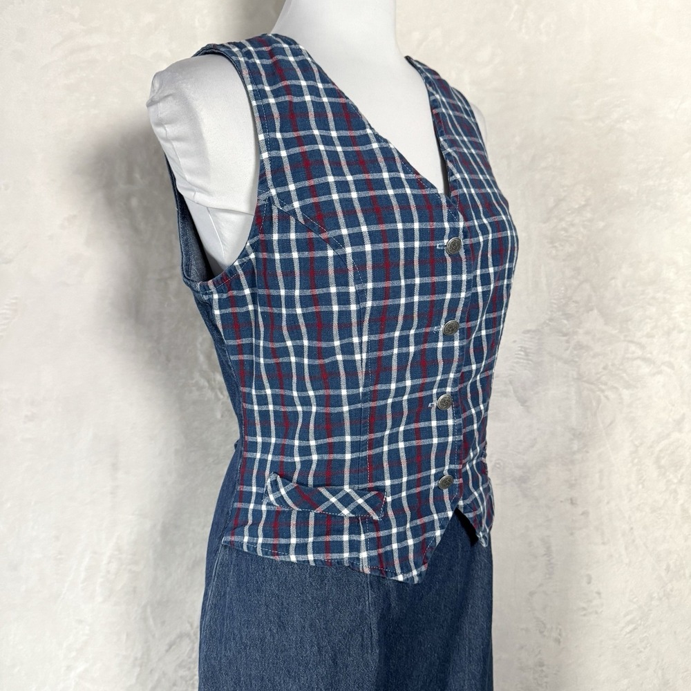 Vintage 90s Plaid Denim Midi Vest Dress Size S Jumper Cottage Teacher Ivy Preppy - Picture 5 of 15